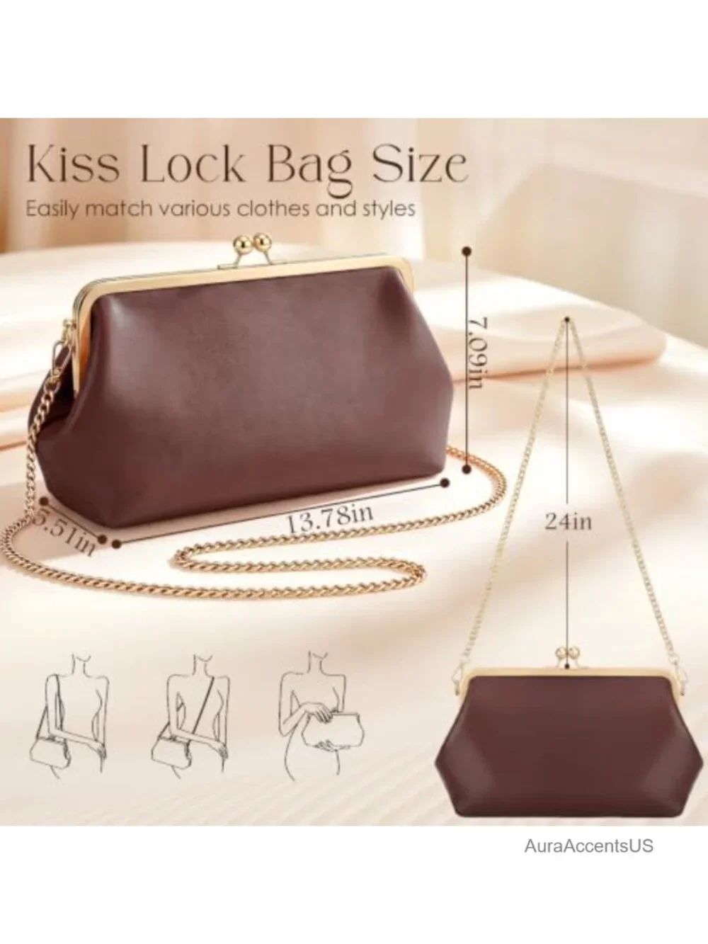 Women's Kiss Lock Evening Clutch Crossbody Bag PU Leather Gold Trim Handbag